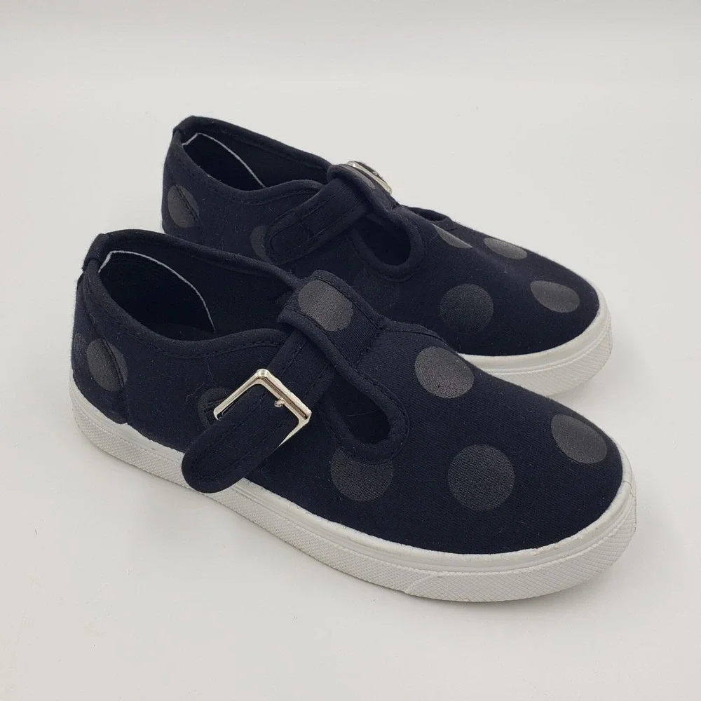 oomphies Mary Jane Shoes Polka Dot Tone on Tone Black Canvas Buckle SZ 12Y EUC